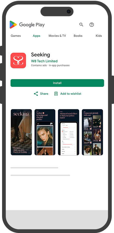 The Seeking app shown on the Google Play store